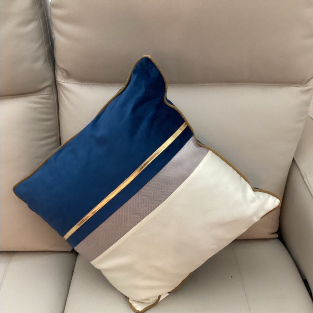 Decorative Blue and White Accent Pillow with Gold Trim